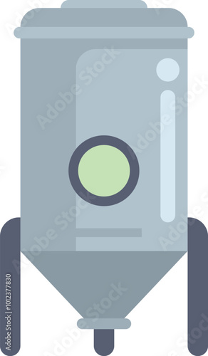Large metal tank with a conical bottom and three legs is standing and containing liquids for the food industry