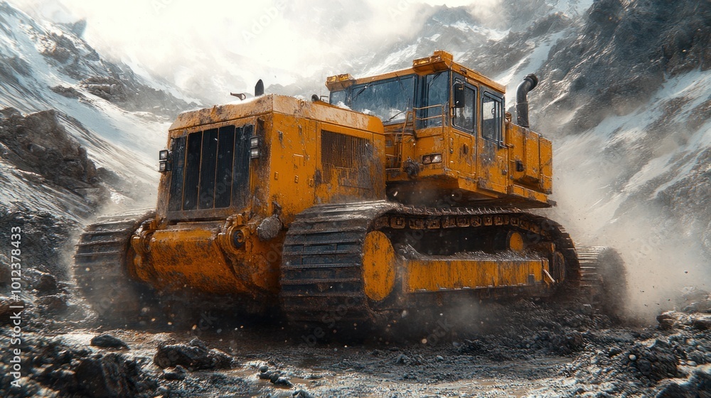 A yellow bulldozer drives through a rocky mountain pass, kicking up dust and debris. A yellow bulldozer drives through a rocky mountain pass, kicking up dust and debris.