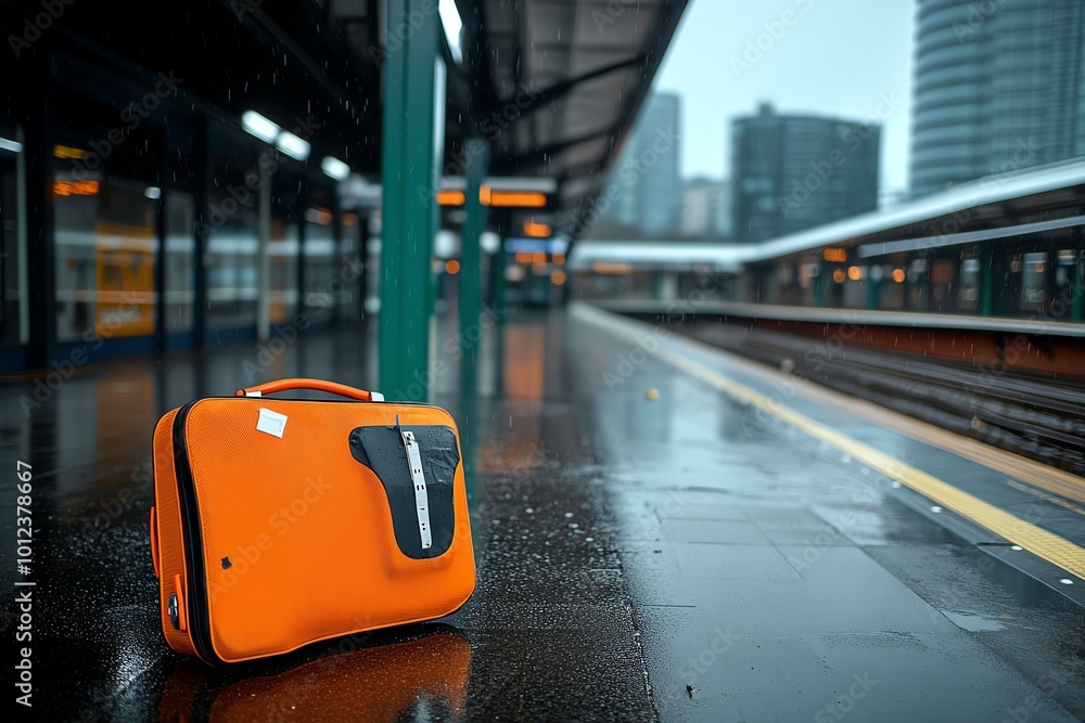A suitcase left at an empty train station, symbolizing missed chances and the emotional baggage of mistakes made by being in the wrong place or time A suitcase left at an empty train station, symbolizing missed chances and the emotional baggage of mistakes made by being in the wrong place or time