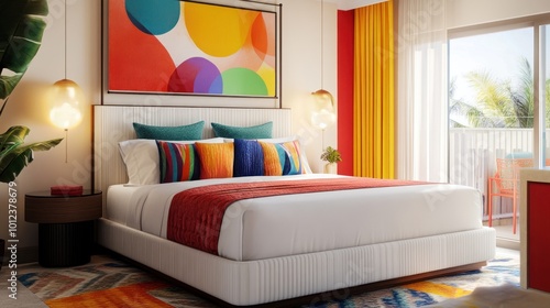 Modern Hotel Bedroom with Colorful Decor