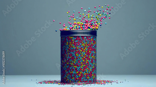 Colorful beads spilling from a vibrant can against a clean background. AI-generated