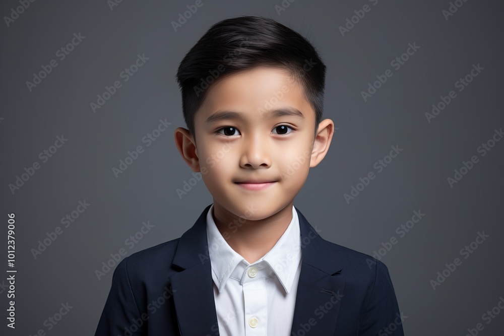 Portrait of little Asian boy in business suit, isolated on grey background Portrait of little Asian boy in business suit, isolated on grey background