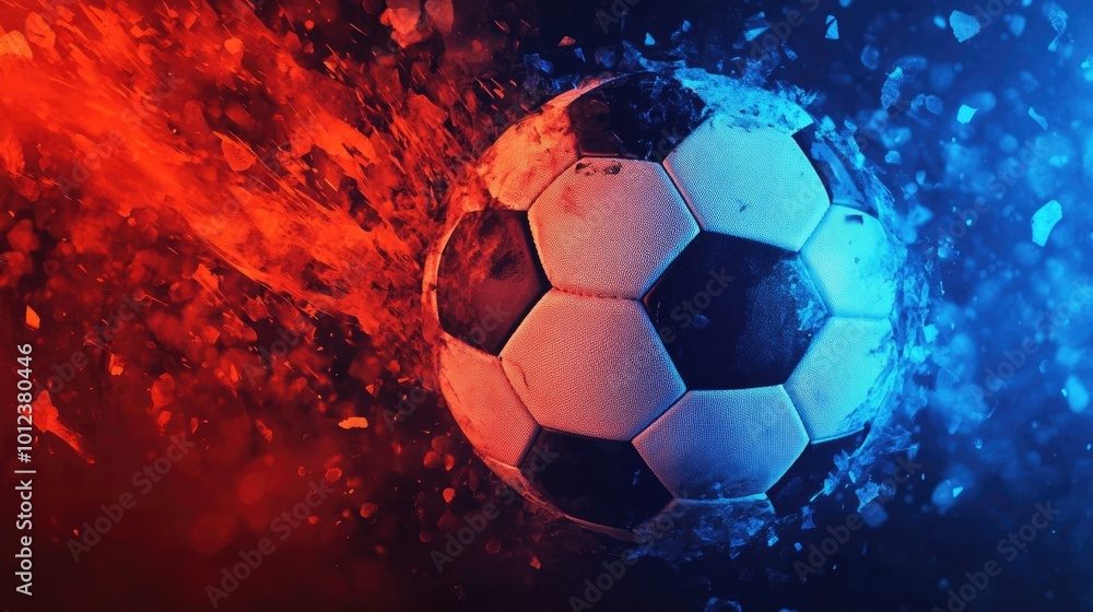 Fototapeta premium Fiery soccer ball with dynamic energy and splattering colors in motion concept of sport