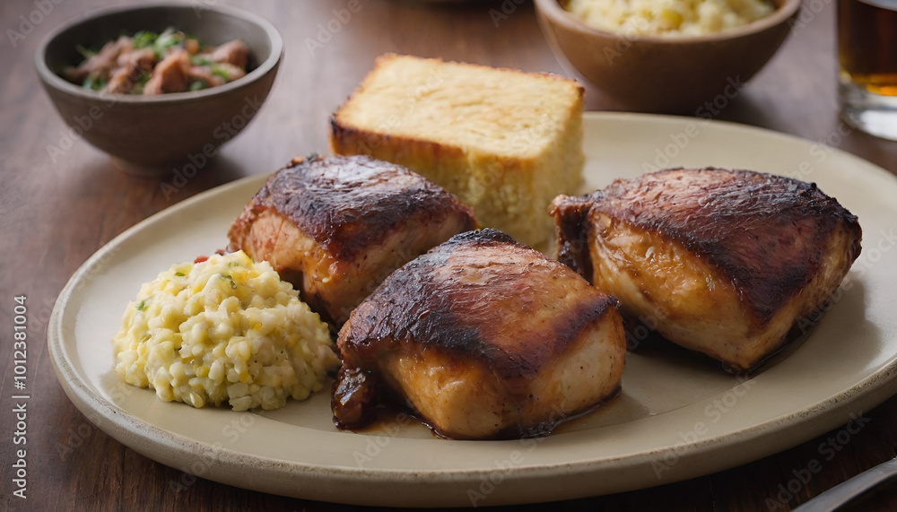 smoked bbq chicken thighs with cornbread on a plate smoked bbq chicken thighs with cornbread on a plate