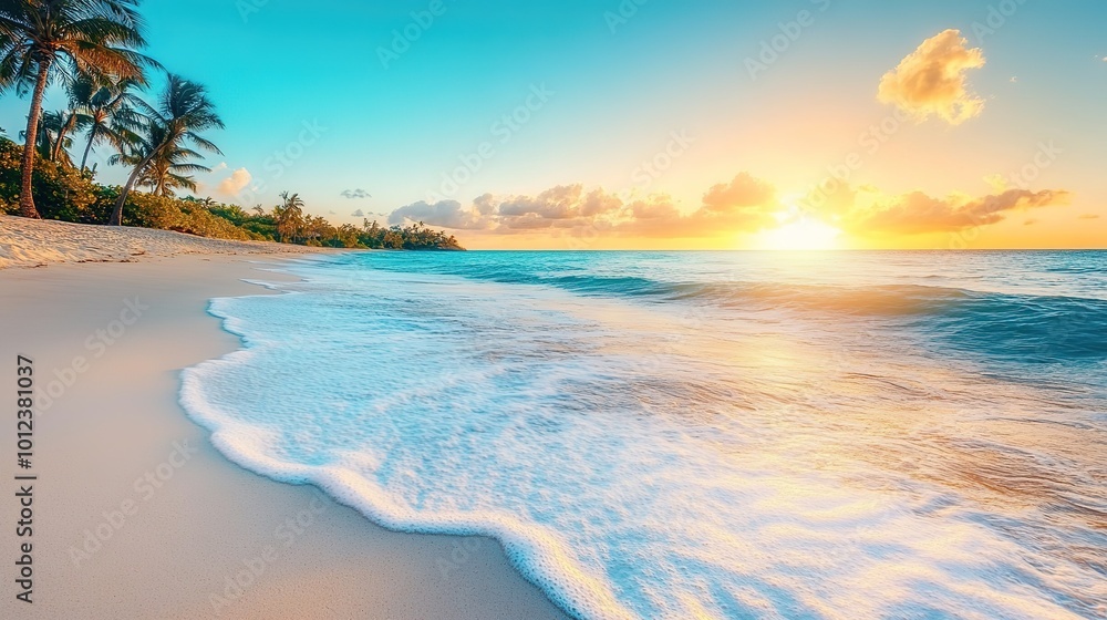 Obraz premium A picturesque scene of a secluded beach featuring soft white sand and gentle waves rolling onto the shore. The tranquil setting is enhanced by swaying palm trees dancing in the light breeze,