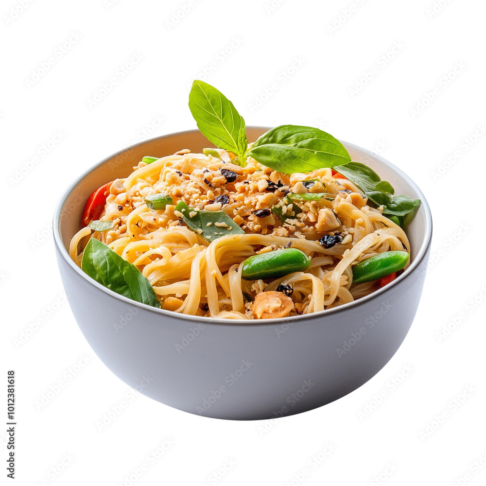 Delicious bowl of noodles with vegetables and basil leaves on white isolate background. Delicious bowl of noodles with vegetables and basil leaves on white isolate background.