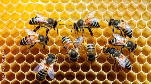 A group of bees are sitting on a honeycomb. There are six bees in the group. The bees are all different sizes and are sitting in various positions on the honeycomb