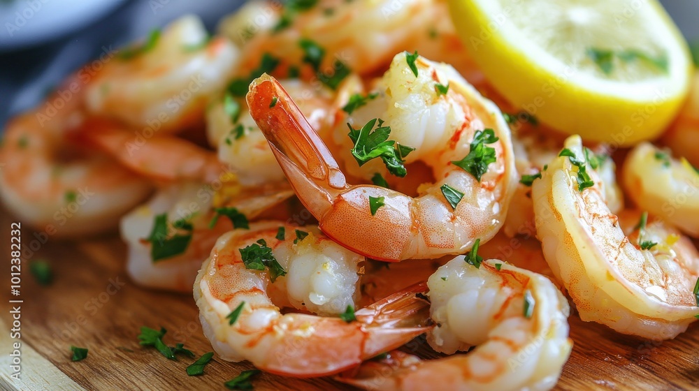 Close-up of fresh, cooked shrimp with lemon and parsley on a wooden board Close-up of fresh, cooked shrimp with lemon and parsley on a wooden board