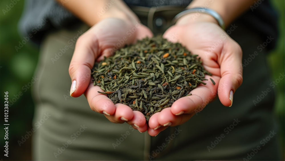 Fototapeta premium Dried green tea leaves in cupped hands .
