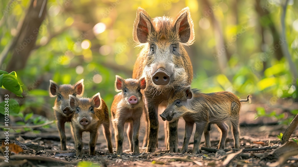 A Wild Pig and Its Piglets in a Lush Forest Setting