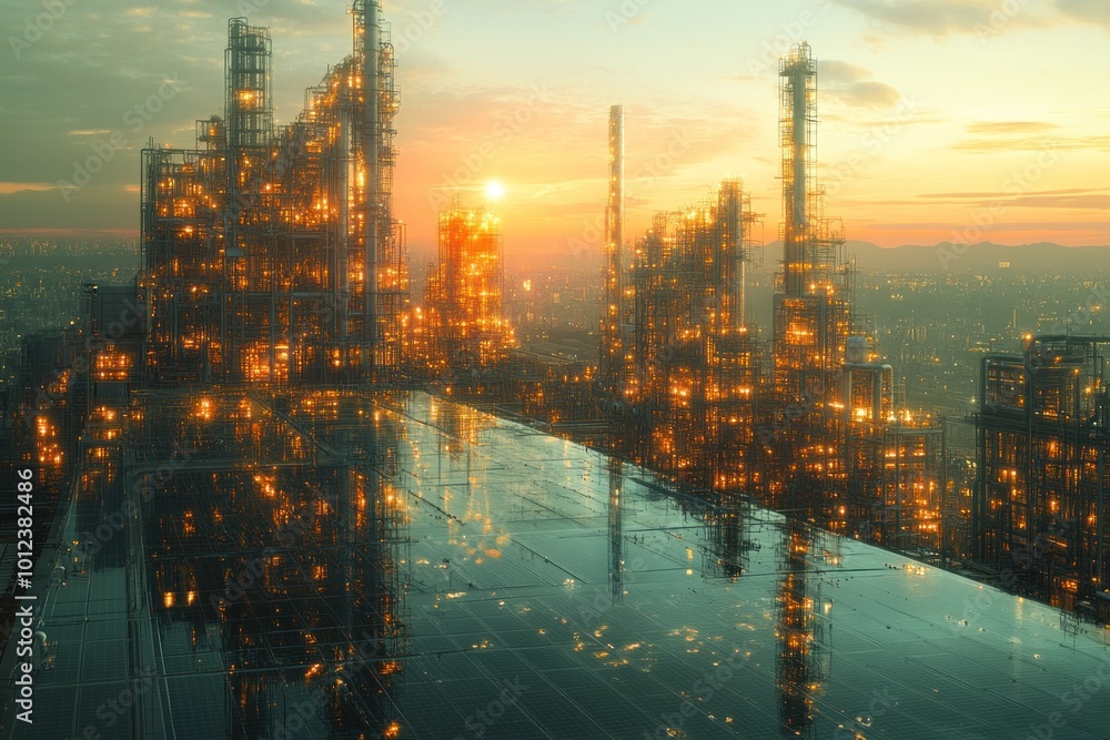 Obraz premium An industrial complex at sunset, with the city in the background, reflected in a pool of water in the foreground.