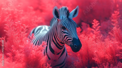 A zebra with black and white stripes stands in a field of red plants, looking at the camera.