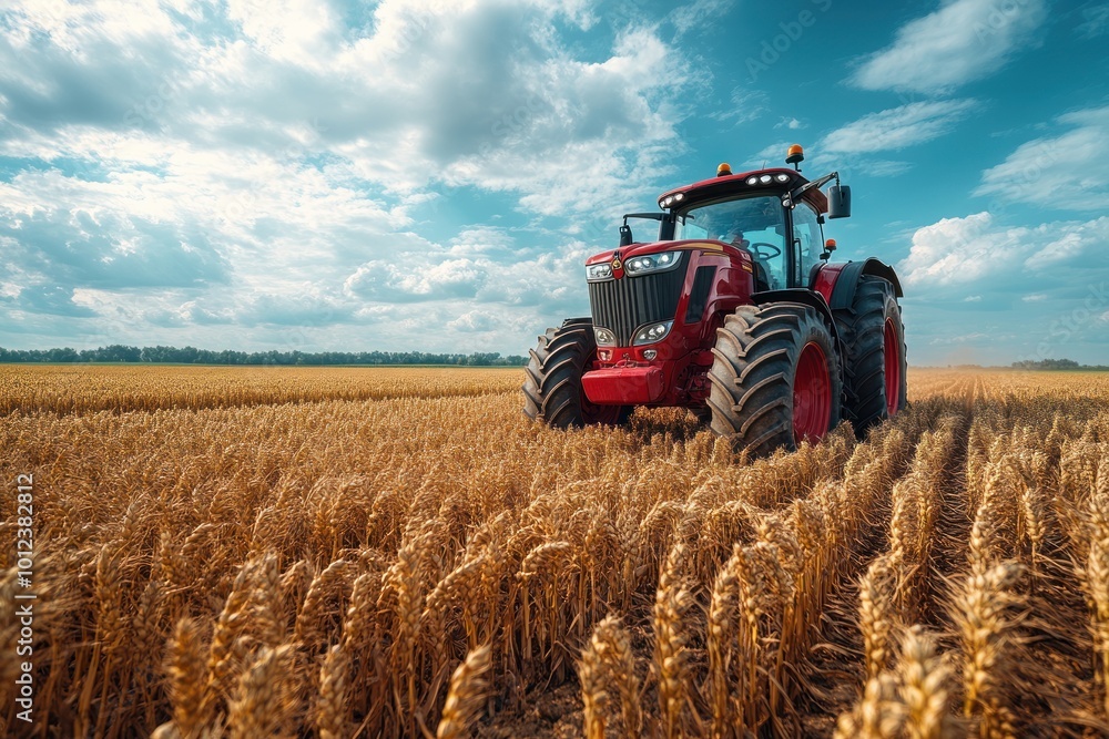 Fototapeta premium A red tractor drives through a golden wheat field under a blue sky with fluffy white clouds.