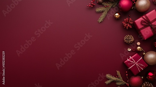 Festive arrangement of Christmas ornaments, pine cones, and evergreen branches on a stylish burgundy background. New Year and holiday concept. Winter celebration.	