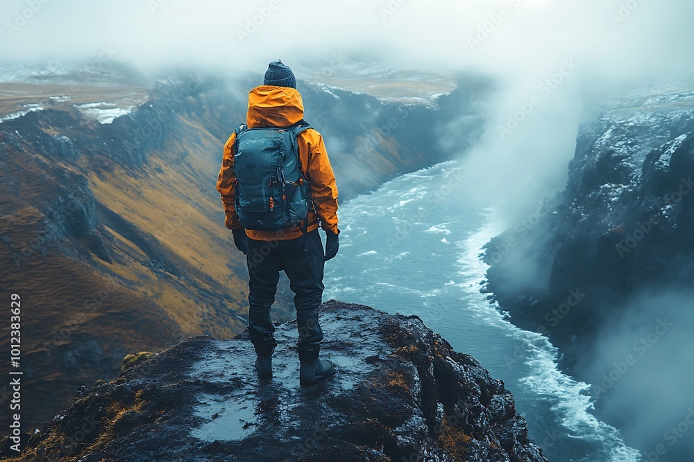 Obraz premium Hiker standing on a cliff edge overlooking a foggy river canyon. Adventure, travel, and exploration concept photo.