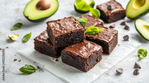 Vegan chocolate avocado brownies, white background. Sweet and healthy food generative ai