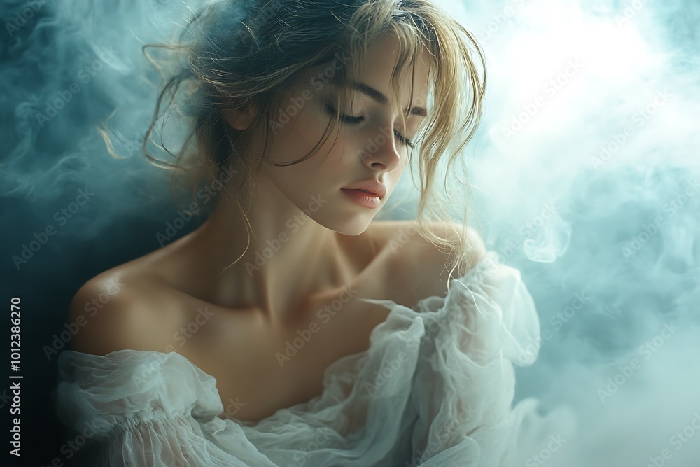 Beautiful Woman with Closed Eyes in Dreamy Setting Beautiful Woman with Closed Eyes in Dreamy Setting