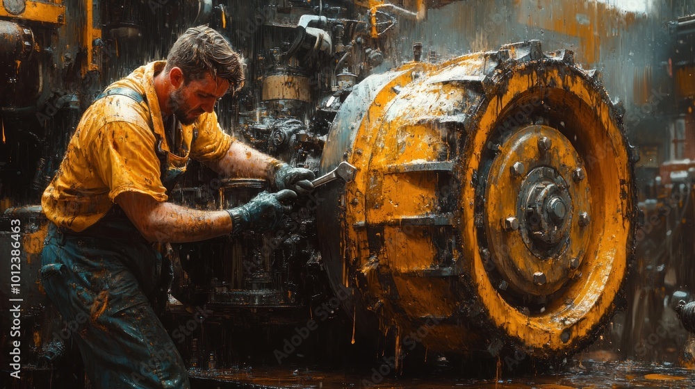 A mechanic works on a large yellow tractor, covered in mud and grime, in a workshop. A mechanic works on a large yellow tractor, covered in mud and grime, in a workshop.