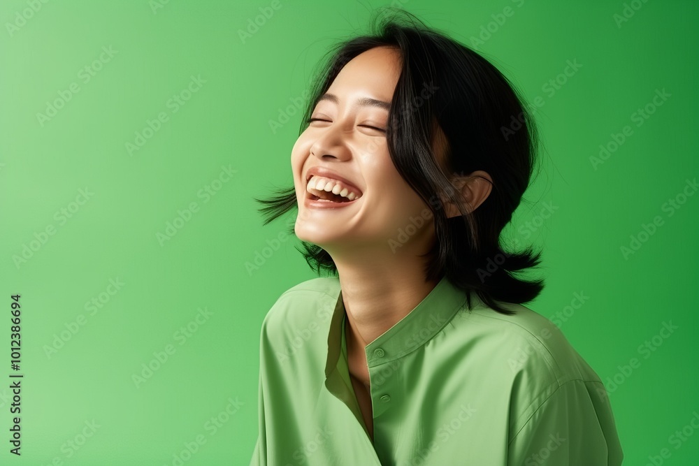 Portrait of a happy young asian woman laughing against green background Portrait of a happy young asian woman laughing against green background