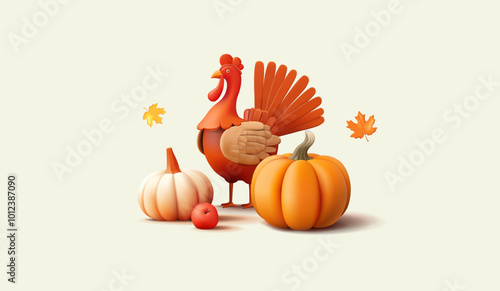 3D realistic beautiful image, pumpkin, apple, autumn leaves, turkey bird. Traditional holiday. Harvest Festival. Modern banner for design. Vector illustration.