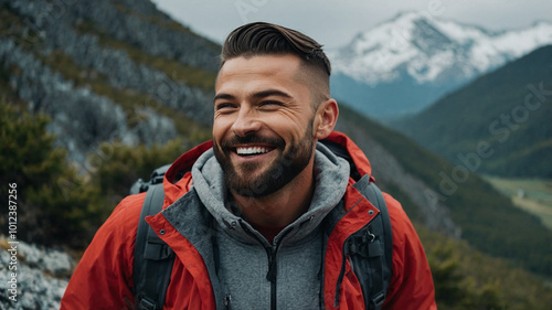 An adventurous traveler hiking in a breathtaking landscape, such as mountains or forests, evoking a sense of exploration and nature.