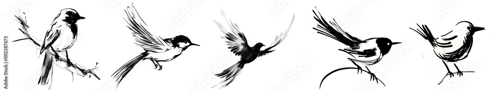 Fototapeta premium ink brush bird png cut out element set