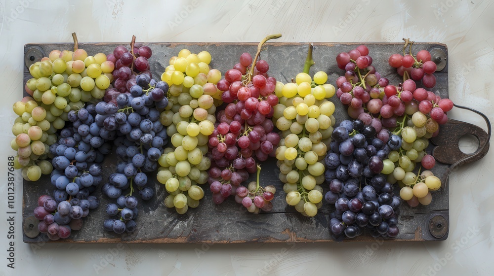 Artful Medley of Fresh Grapes on Grey Wooden Cutting Board: A Striking and Appetizing Display Artful Medley of Fresh Grapes on Grey Wooden Cutting Board: A Striking and Appetizing Display