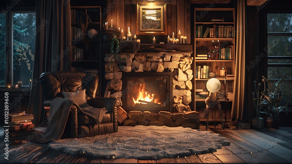 A cozy living room with a dark leather armchair, soft ambient lighting, and a stone fireplace that radiates warmth A cozy living room with a dark leather armchair, soft ambient lighting, and a stone fireplace that radiates warmth