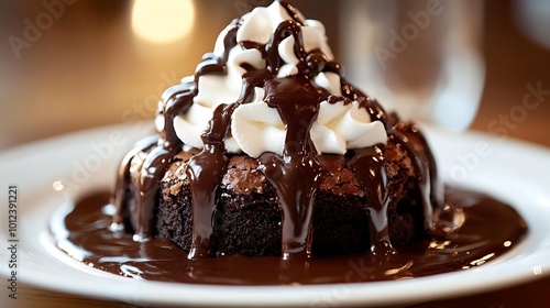 A warm, gooey chocolate brownie sundae topped with hot fudge and whipped cream photo