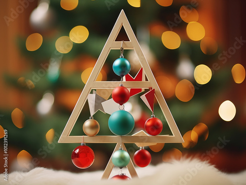 Christmas decoration in the form of a geometric pyramid of a wooden constructor and Christmas tree balls. Creative gift for Christmas.