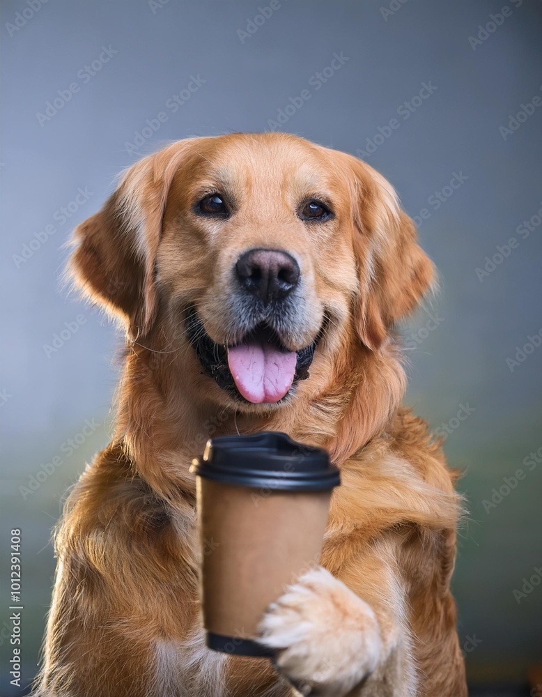 Fototapeta premium Happy golden retriever is taking a selfie, holding a coffee, ultrarealistic, detailed