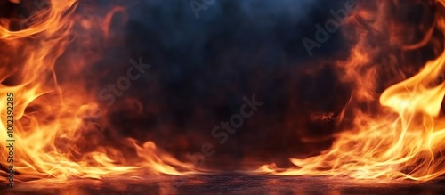 A fiery background with flames against a dark, smoky backdrop.