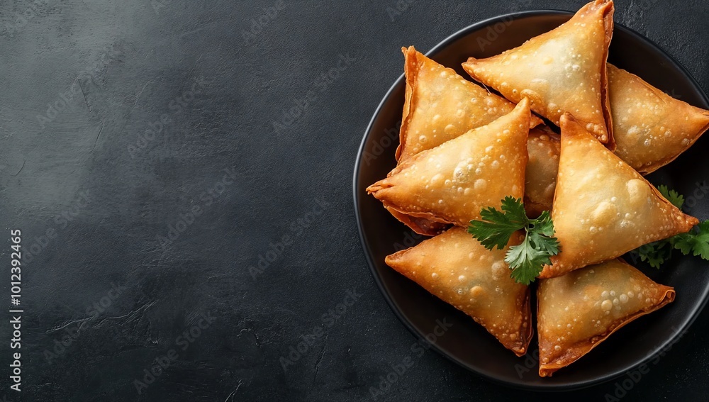 A plate of golden-brown samosas garnished with fresh cilantro. A plate of golden-brown samosas garnished with fresh cilantro.