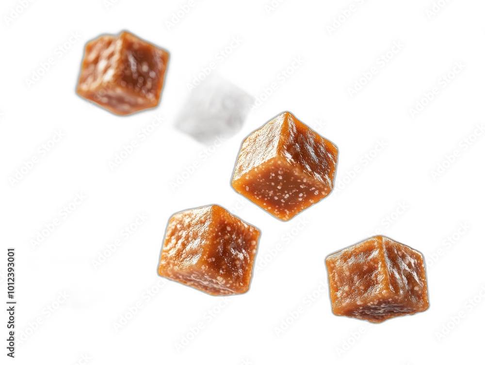 Dynamic Caramel Cubes in Flight: High-Quality Product Photography with Cinematic Lighting on White Background Dynamic Caramel Cubes in Flight: High-Quality Product Photography with Cinematic Lighting on White Background
