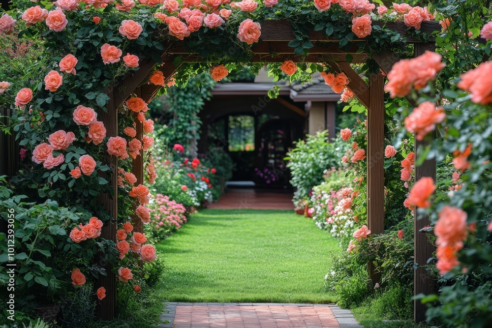 A beautiful rose-covered archway leading to a green lawn in a garden. A beautiful rose-covered archway leading to a green lawn in a garden.