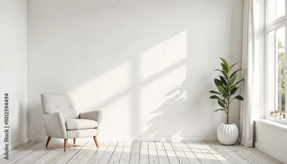 Naklejka premium Interior of light living room with cozy grey sofas near big window