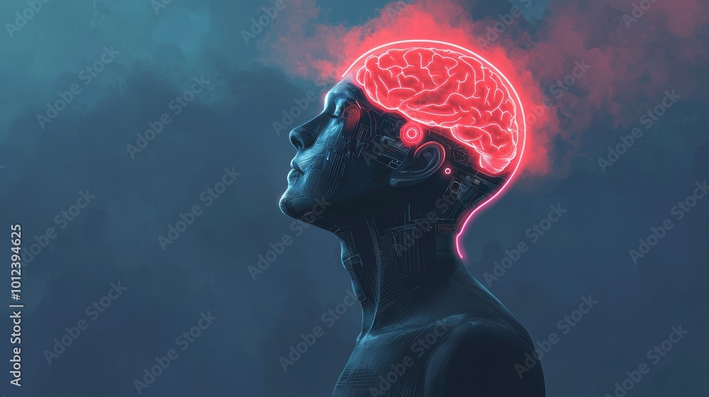 Profile of a human with a glowing brain. Profile of a human with a glowing brain.