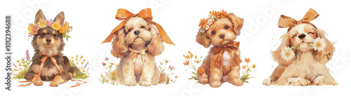 Elegant vintage cute puppy coquette aesthetic png cut out element set