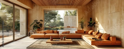 Modern living room with a cozy orange sofa, large windows, and natural sunlight emphasizing minimalistic design.