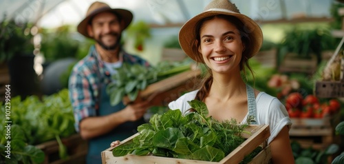 Happy couple in a greenhouse holding fresh herbs, showcasing the joy of gardening and healthy living.