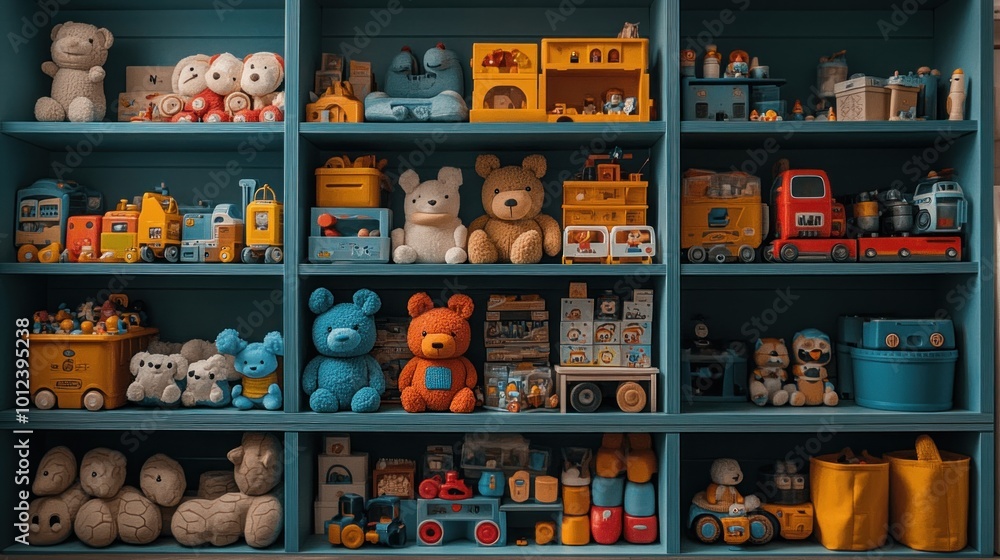 Fototapeta premium A blue shelf unit filled with a variety of children's toys, including stuffed animals, wooden toys, and plastic toys.
