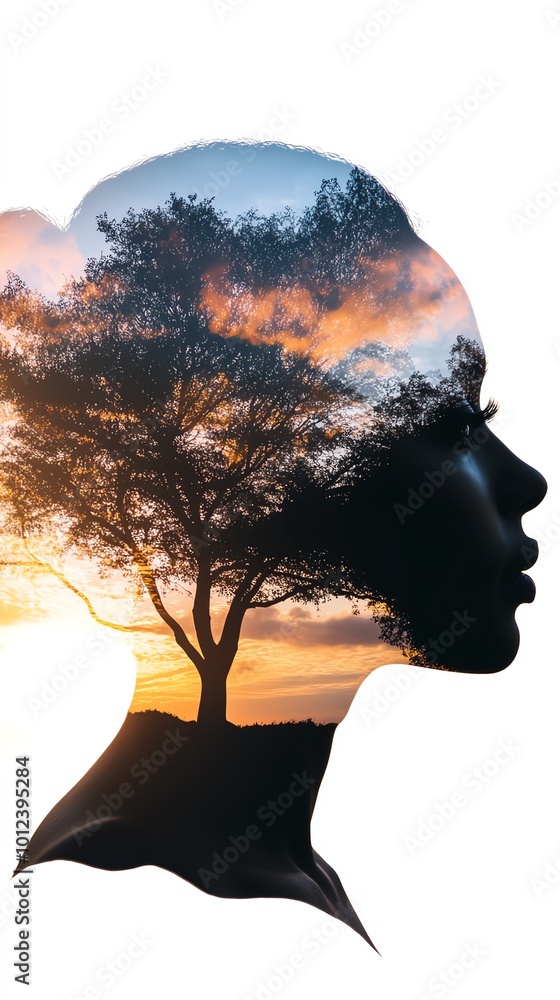 Photo realistic image of a confident woman s silhouette blended with a vibrant sunset, reflecting mindset and belief Photo realistic image of a confident woman s silhouette blended with a vibrant sunset, reflecting mindset and belief