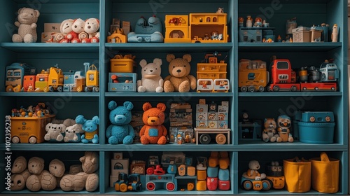 A blue shelf unit filled with a variety of children's toys, including stuffed animals, wooden toys, and plastic toys.