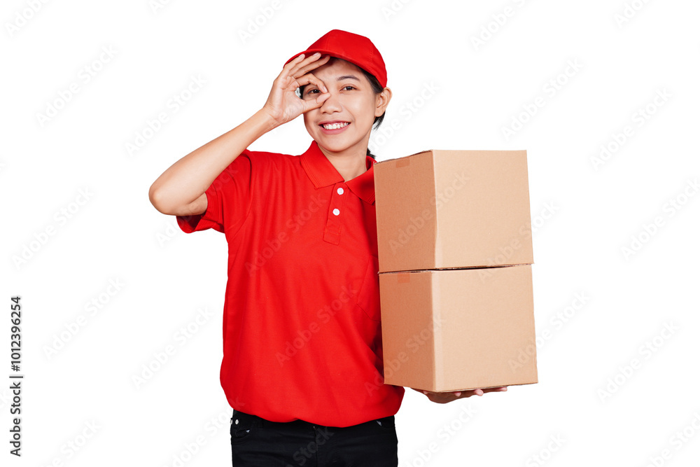 Smiling asian delivery courier woman holding boxed packages and showing ok hand sign gesture isolated transparent Smiling asian delivery courier woman holding boxed packages and showing ok hand sign gesture isolated transparent