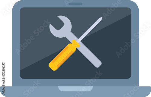 Laptop screen displaying crossed screwdriver and wrench, illustrating computer maintenance or technical support concept