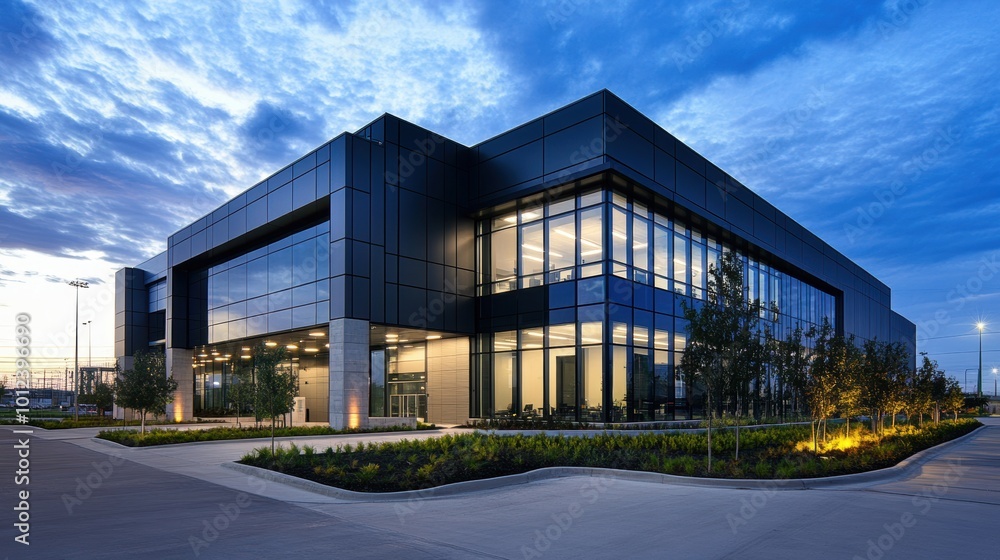 Sleek, modern office building with large glass windows, illuminated by warm lighting at dusk, set in a landscaped business park.
Sleek, modern office building with large glass windows, illuminated by warm lighting at dusk, set in a landscaped business park.