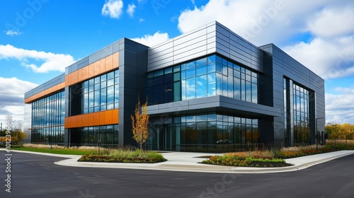 Contemporary office building with large glass windows, surrounded by a landscaped garden, set against a clear blue sky in a suburban environment. 