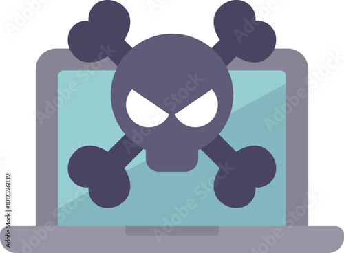 Laptop computer is displaying a skull and crossbones, representing online threats