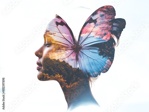 Wallpaper Mural Vibrant natural double exposure of a woman s face overlaid with a colorful butterfly, reflecting self-care and transformation Torontodigital.ca