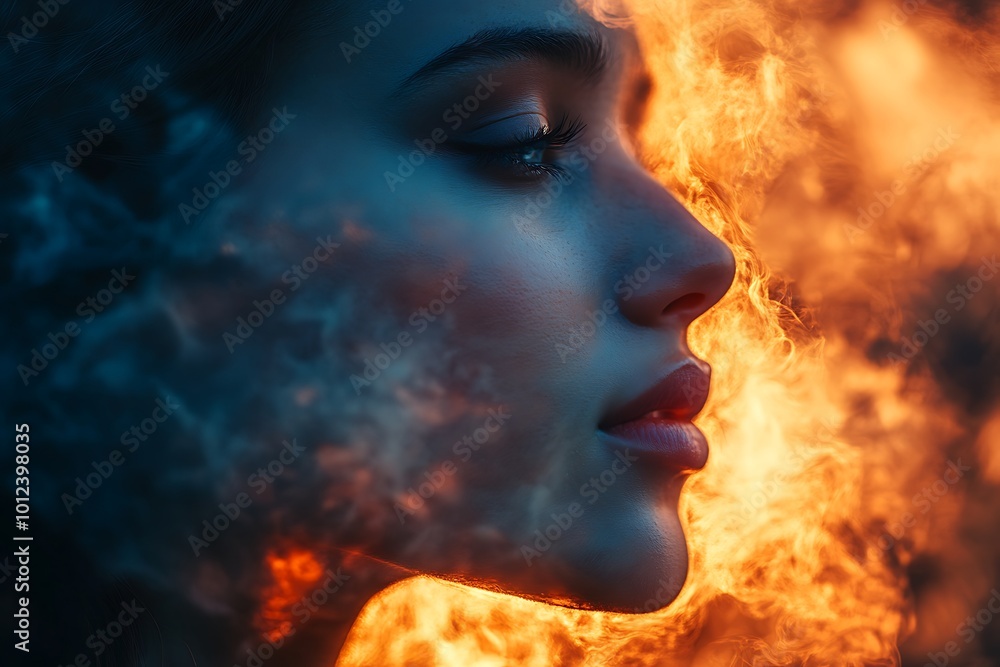Woman's face in fire with smoke, symbolizing passion, strength, and resilience Woman's face in fire with smoke, symbolizing passion, strength, and resilience
